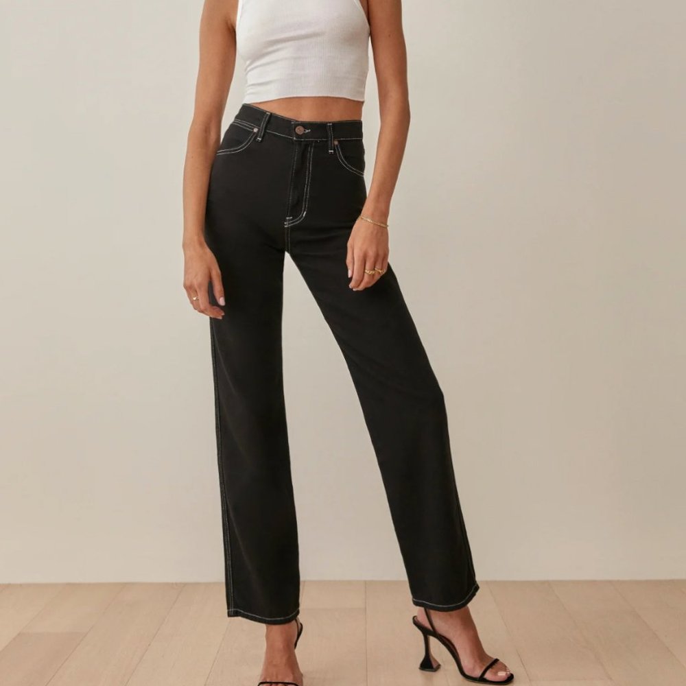 Reformation Cowboy High Rise Straight Jeans in Black with White Stitching